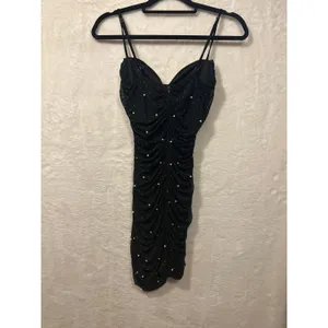 NWT Black Rhinestone Ruched Bodycon Mini‎ Dress Women's Medium thumbnail 4