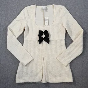 Maeve Anthropologie Women's X-Small Double-Bow Scooped Split Front Top Cream New thumbnail 1