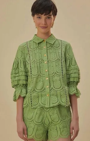Farm Rio Pineapple Eyelet Scalloped Hem Button-Front Blouse Green Women's Small thumbnail 1
