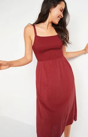 Old Navy Red Smocked Textured Clip-Dot Fit & Flare Cami Midi Dress Women's Large thumbnail 1