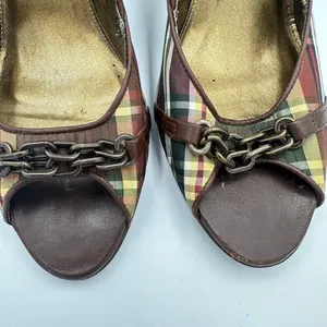 J.‎ Crew Plaid Peep Toe Heels Brown Red Green Chain Detail Stiletto Size 9.5 thumbnail 5