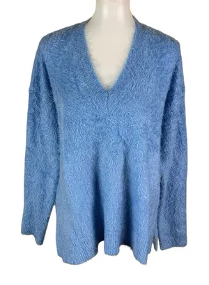 Show Me Your Mumu Blue‎ Fuzzy Knit V Neck Sweater Cozy Soft Small thumbnail 1