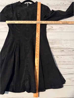 Black Acid Wash Denim Fit & Flare Mini Dress Puff Sleeve Size Small thumbnail 10