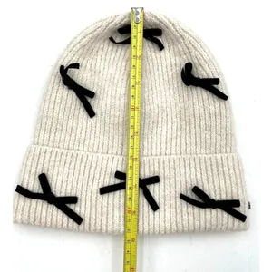 Anthropologie Rib Knit Ivory Beanie Hat New Bow Embellishments thumbnail 6