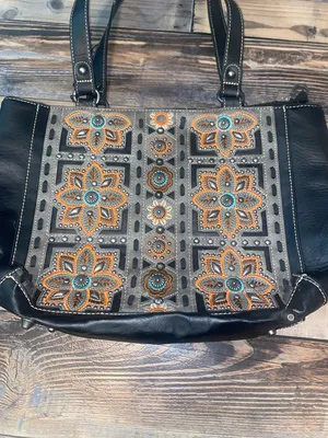 Montana West Black and Gray Floral Embroidered Tote with Turquoise Accents thumbnail 2