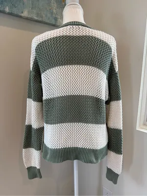 Z Supply Olive and Cream Striped Open-Knit Crew Sweater thumbnail 3