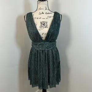 NWT Lulus Ailey Gold and Teal Blue Skater Dess V Neck Sleeveless Party Cocktail‎ thumbnail 3