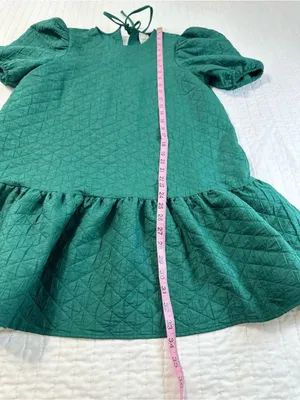 Anthropologie Maeve Green Drop Waist Jacquard Quilted Puff Sleeve Mini Dress Oversize Size M thumbnail 3