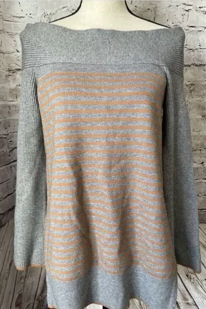 Anthropologie Womens Sweater S Elise‎ Grey Striped Tunic Ribbed Casual thumbnail 1