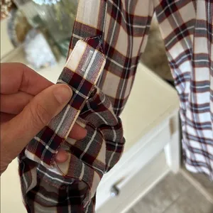 Ann Taylor loft white navy maroon plaid long sleeve boxy sheer blouse top M​​ thumbnail 4