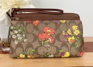 NWT Coach Double Zip Wallet In Signature Canvas With Floral‎ Print thumbnail 1