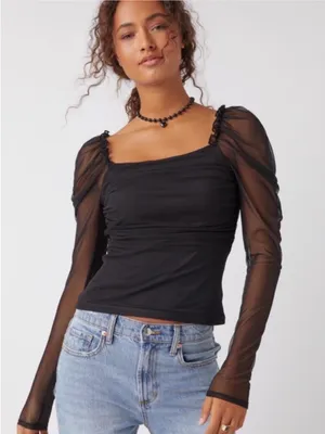 Francesca's Black Sheer Puff Sleeve Ruched Top thumbnail 1