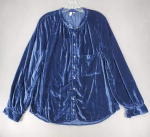 Pilcro and the Letterpress Blouse Women L Blue‎ Velvet Button Front Long Sleeve Anthropologie Top thumbnail 1
