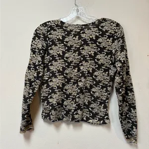 Moda Vintage Black Gold Lace Top Y2K Going Out Sheer Long Sleeve Large thumbnail 2