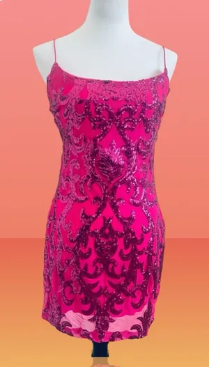 B Darlin Pink sequined Bodycon Dress with Spaghetti Straps for Prom thumbnail 1