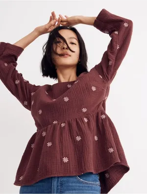 Madewell Embroidered Lightspun Peplum Gauze Open-Back Top in Vintage mulberry thumbnail 1