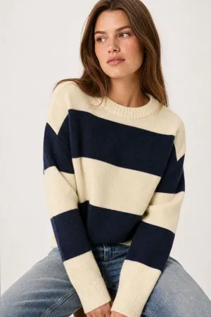 American Eagle Cream Navy Striped Oversized Crewneck Sweater L thumbnail 1