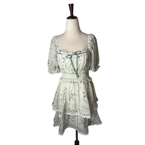 Francescas Mini Dress Women Small Green Toile Western Print Smocked Tiered Boho thumbnail 2