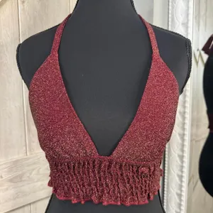 Subdued burgundy glitter halter crop top with ruffled hem, size S thumbnail 1