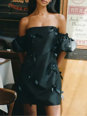 HUTCH by Anthropologie Bow Off The Shoulder Mini Dress in Black thumbnail 1