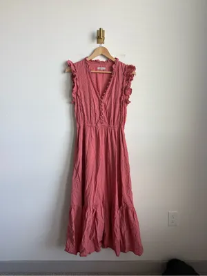 Outerknown Organic Cotton Coral Ruffle Tiered Midi Maxi Dress Medium thumbnail 2