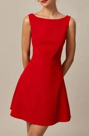 Rihoas Red Boat Neck High Waisted Mini Dress thumbnail 1