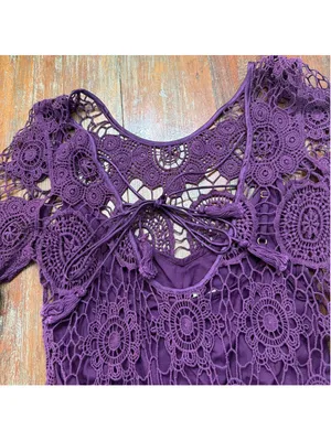 Free People Purple Crochet Lace Mini Dress Double Tie Back Tassel Bell Sleeve Sm thumbnail 13