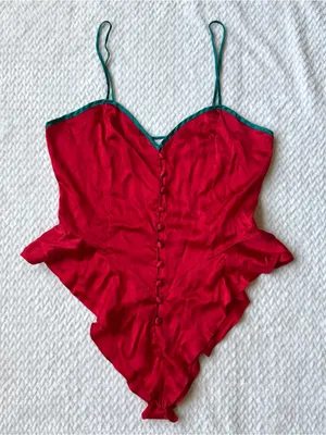 VTG 100% Silk Teddy Romper Bodysuit Lingerie M Red Coquette Button Down Pinup thumbnail 1