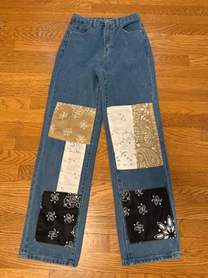 SheIn Straight / Wide Leg Patchwork Bandana Denim jeans in Blue size XS thumbnail 7