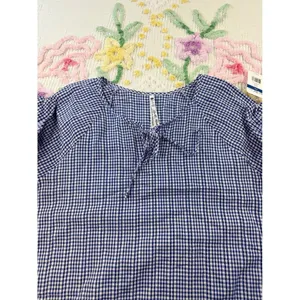 Leo & Nicole Blue‎ Gingham Cotton Blouse 3/4 Puff Sleeve Tie Neck Top Xl NEW thumbnail 7