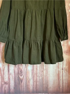 Zara Olive Green Corduroy Long Sleeve Tiered Ruffle Mini Dress Size S thumbnail 9