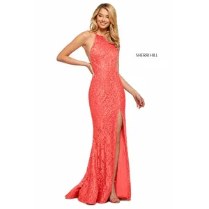 NWT Sherri Hill 53361 Coral Stretch Lace High Slit Halter Gown Dress Size 8 thumbnail 2