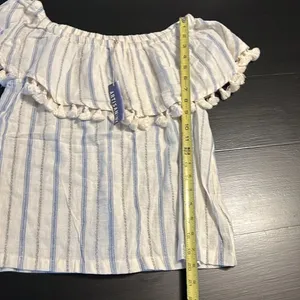 Artisan NY Women Striped Off The Shoulder Tassel Ruffle Top Blue White Small NWT thumbnail 2