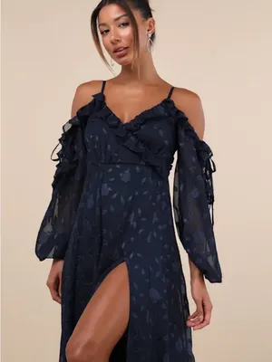 Lulus Pleasant Aura Navy Blue Floral Burnout Cold-shoulder Maxi Dress - Size S thumbnail 3