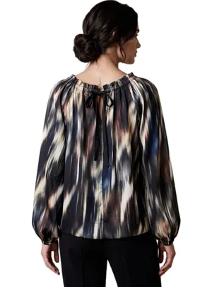 NWOT S H&M Multi-Color Women’s Smocked Neck Long Sleeve Blouse Business Casual thumbnail 2