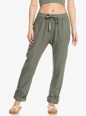 NWT Roxy On The Seashore Olive Linen Blend Pull On Pockets Slouchy Pants M thumbnail 1