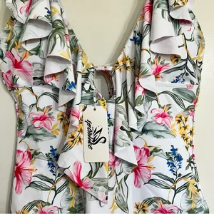 One Piece‎ Floral Swimsuit V-Neck Ruffle Tie Back Size Large NWT thumbnail 2
