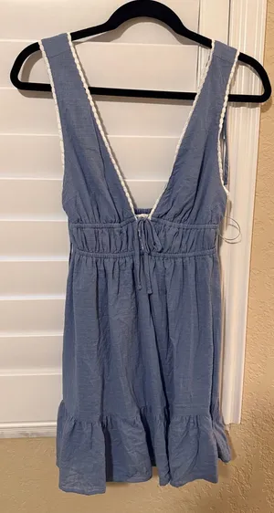 Light Blue V-Neck Smocked Sundress with White Trim thumbnail 1