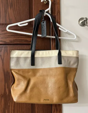 Fossil Tri-Panel Leather Tote in Tan, Cream & Gray with Black Straps thumbnail 1