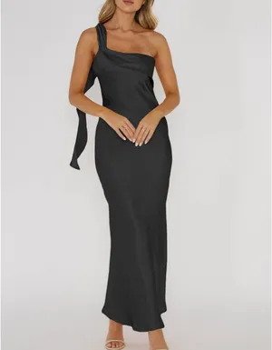 Black satin one shoulder dress thumbnail 4