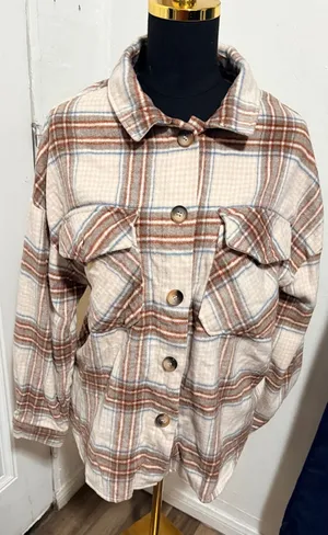 Timing Womens Plaid Oversized Shacket‎ Button Up Flannel Jacket Tan Blue L thumbnail 1