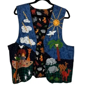 Noah's Ark Quilted Appliqué Novelty Teacher Vest Blue Large thumbnail 2