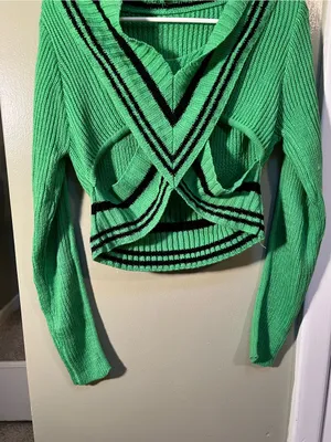 Women’s Size XL V-Neck Cut Out Sweater Green Black Stripes Ribbed Long Sleeve thumbnail 3