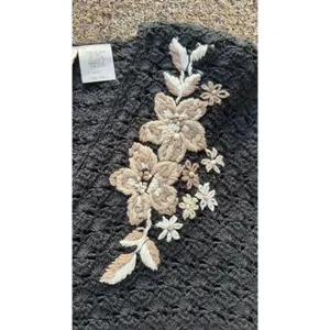 Vintage AGW Division of Graff Black Open Knit Cardigan XL Floral Embroidered thumbnail 5