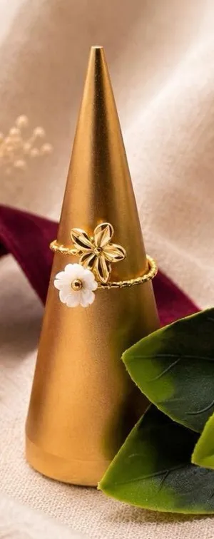 Gold Floral Stackable Ring with White Flower Accent thumbnail 1