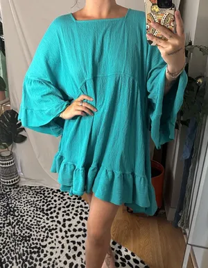 Free People Beach El Mar Ruffled Cotton Gauze Mini Dress Aqua Blue Size Small thumbnail 1