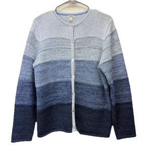 LL Bean Blue Ombré Stripe Chunky Knit Button‎ Cotton Cardigan Sweater LARGE thumbnail 2