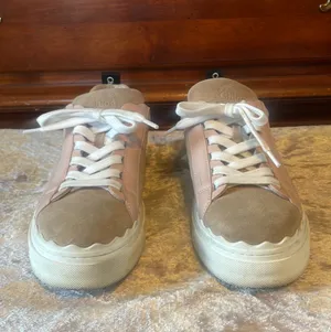 Lauren Leather Beige Blush Pink Scalloped Stacked Sneakers VGUC 6 / EUR 36 thumbnail 3
