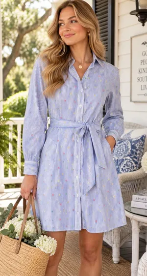 Draper James Blue Striped Embroidered Belted Shirt Dress Size Large thumbnail 1