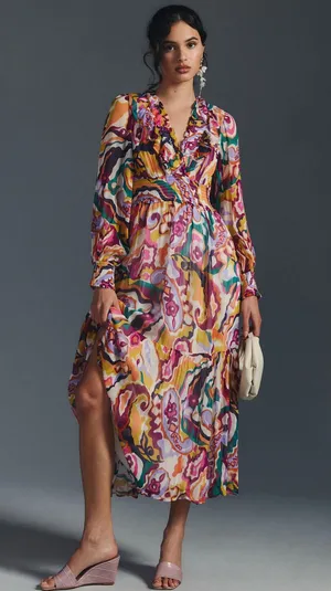 Anthropologie Odetta Ruffled V Neck Dress in Patterned Multi Print Medium thumbnail 1